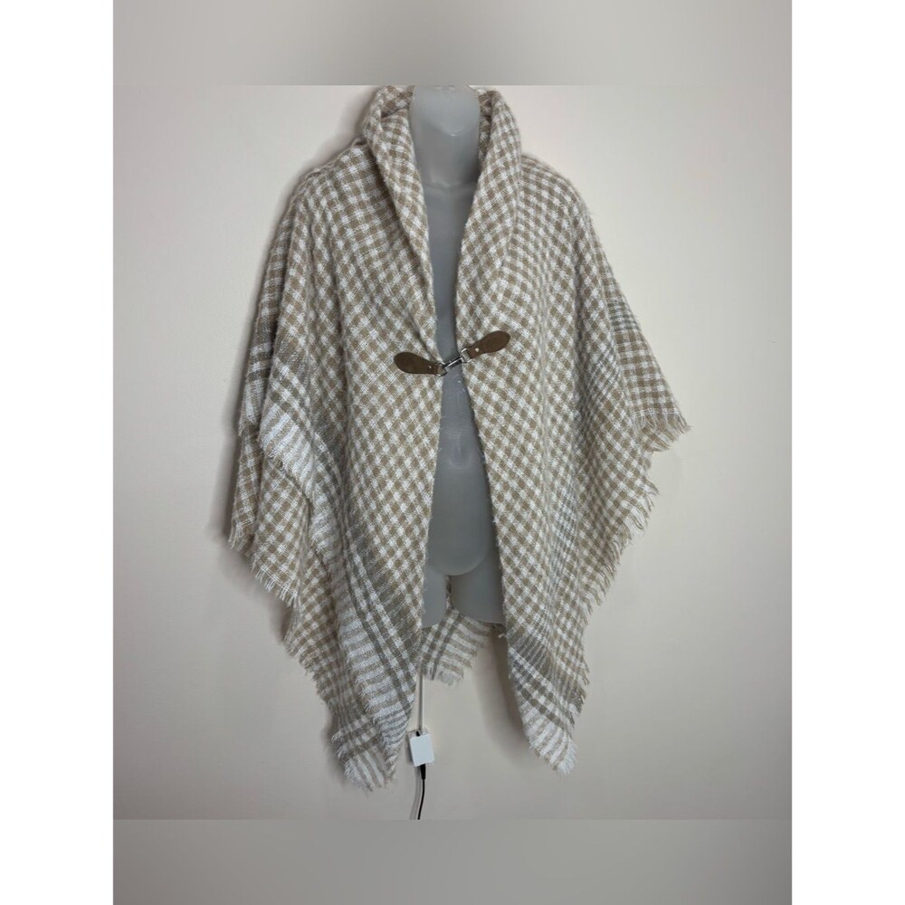 Charter Club Beige White Plaid Shawl Cape with Toggle Closure one size NWT